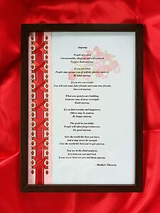 CHEVONNE by Jill's Place Picture Frame with Ribbon Art Weaving and Poem ANYWAY, Size A4, Wall Decoration, Desk Decoration, Hiasan Dinding, Hiasan Meja, Saiz A4, RED, PINK AND WHITE