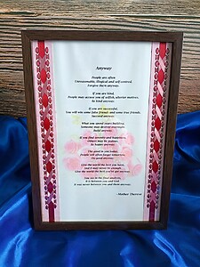 CHEVONNE by Jill's Place Picture Frame with Ribbon Art Weaving and Poem ANYWAY, Size A4, Wall Decoration, Desk Decoration, Hiasan Dinding, Hiasan Meja, Saiz A4, PINK ROSES